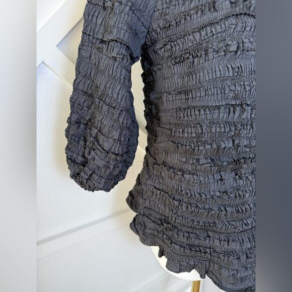 Cynthia Rowley Ruffle Neck 3/4 Sleeve All Over Smocked Blouse Black Size XS - Picture 5 of 10